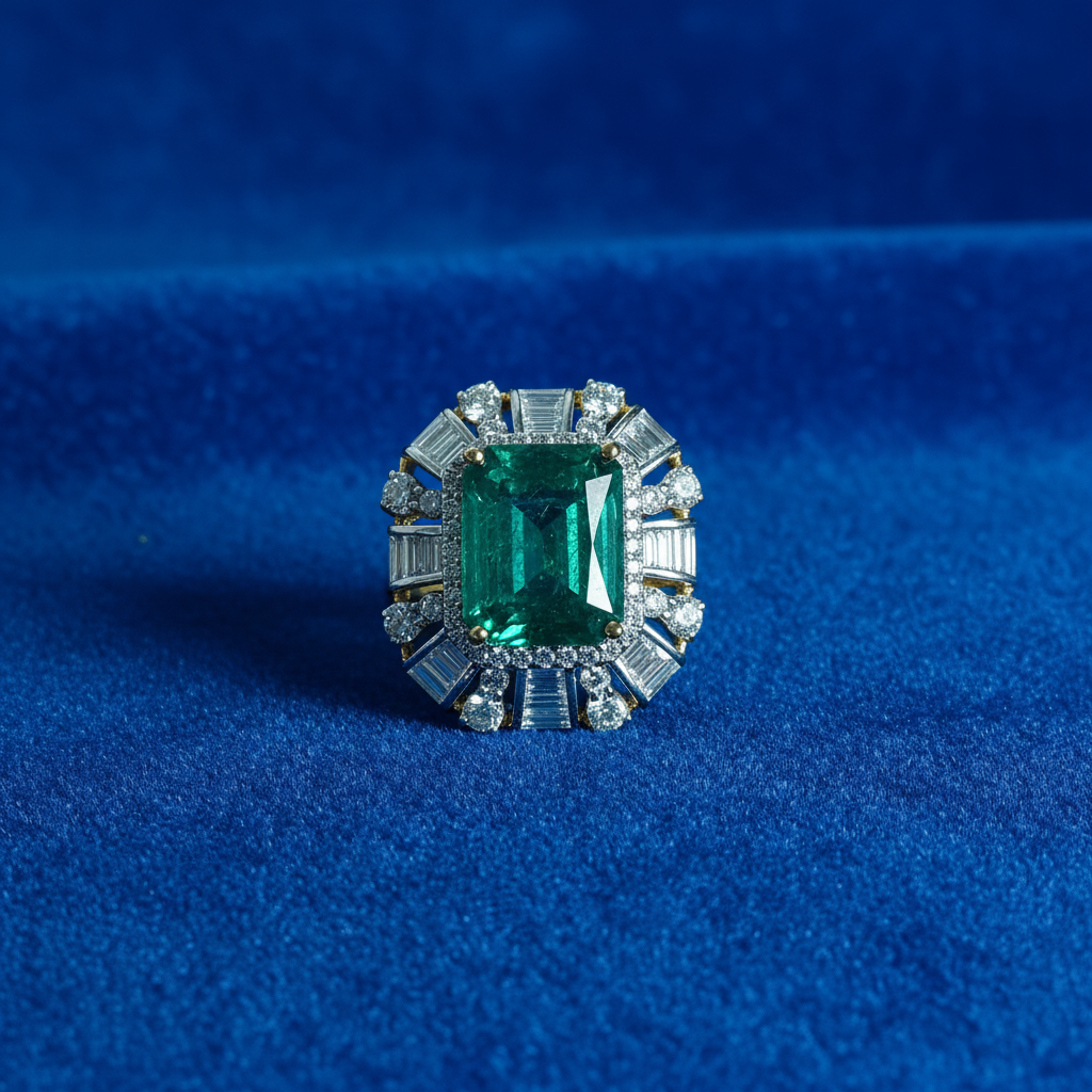Emerald Diamond Ring on Blue Velvet