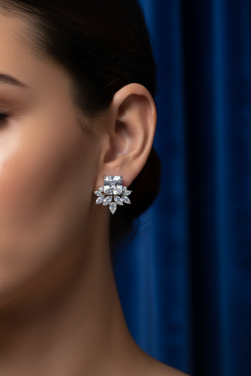 Princess CZ Fan Cluster Earrings Worn on Ear