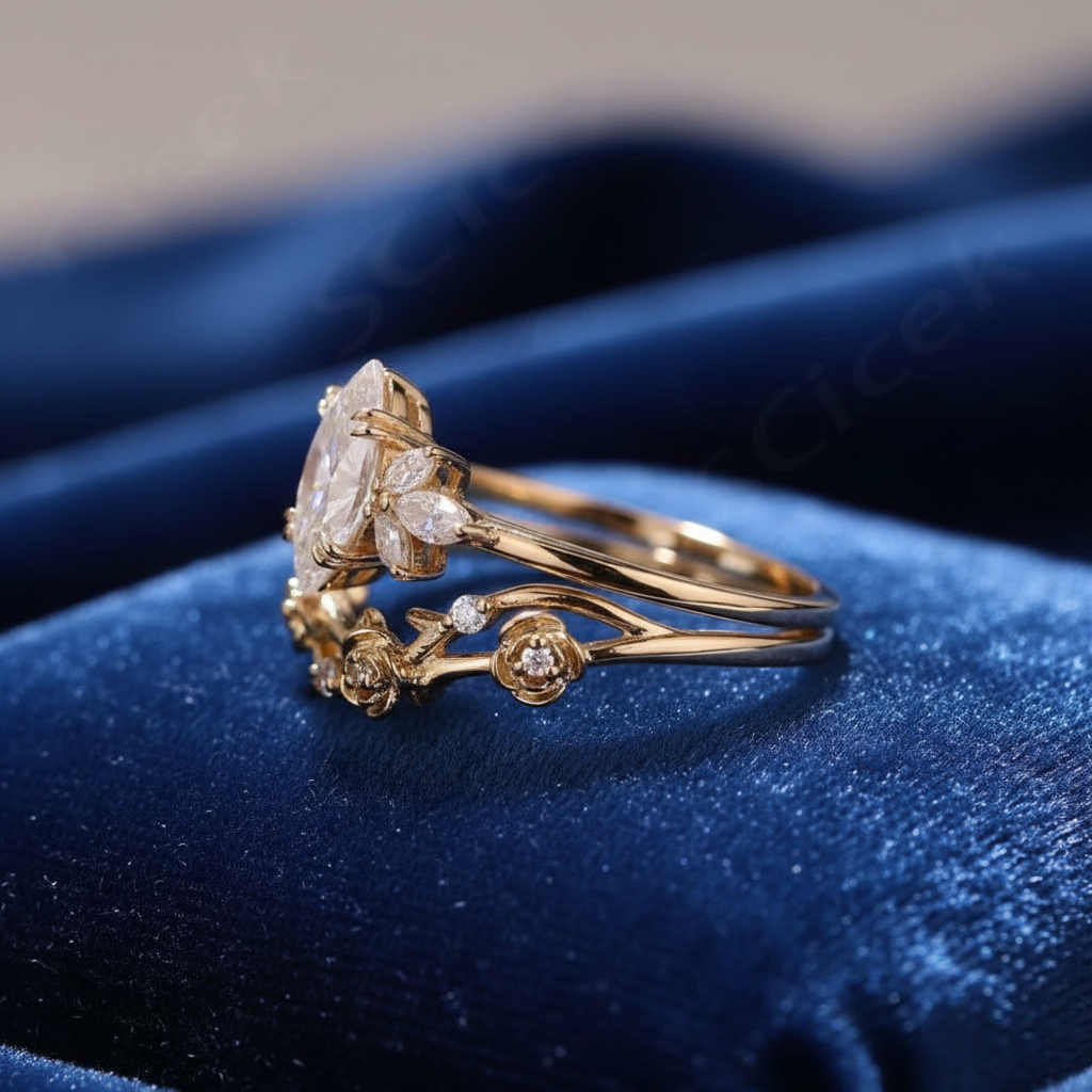 Floral Moissanite Engagement Ring Set in Yellow Gold