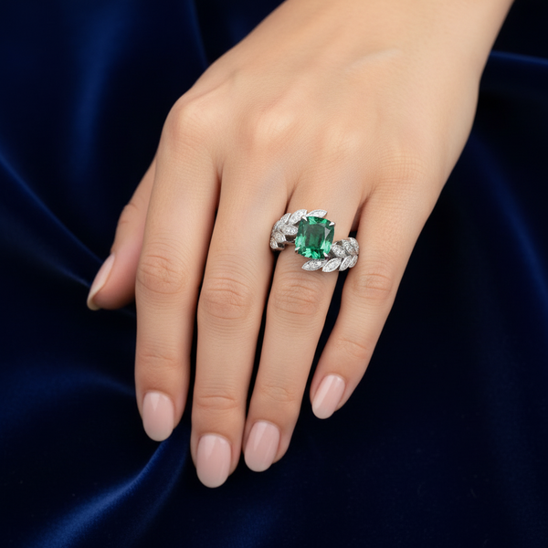 4.00 Carat Emerald Cushion-Cut Leaf Ring in White Gold