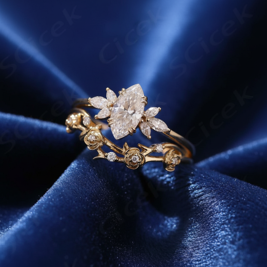 Floral Moissanite Engagement Ring Set in Yellow Gold