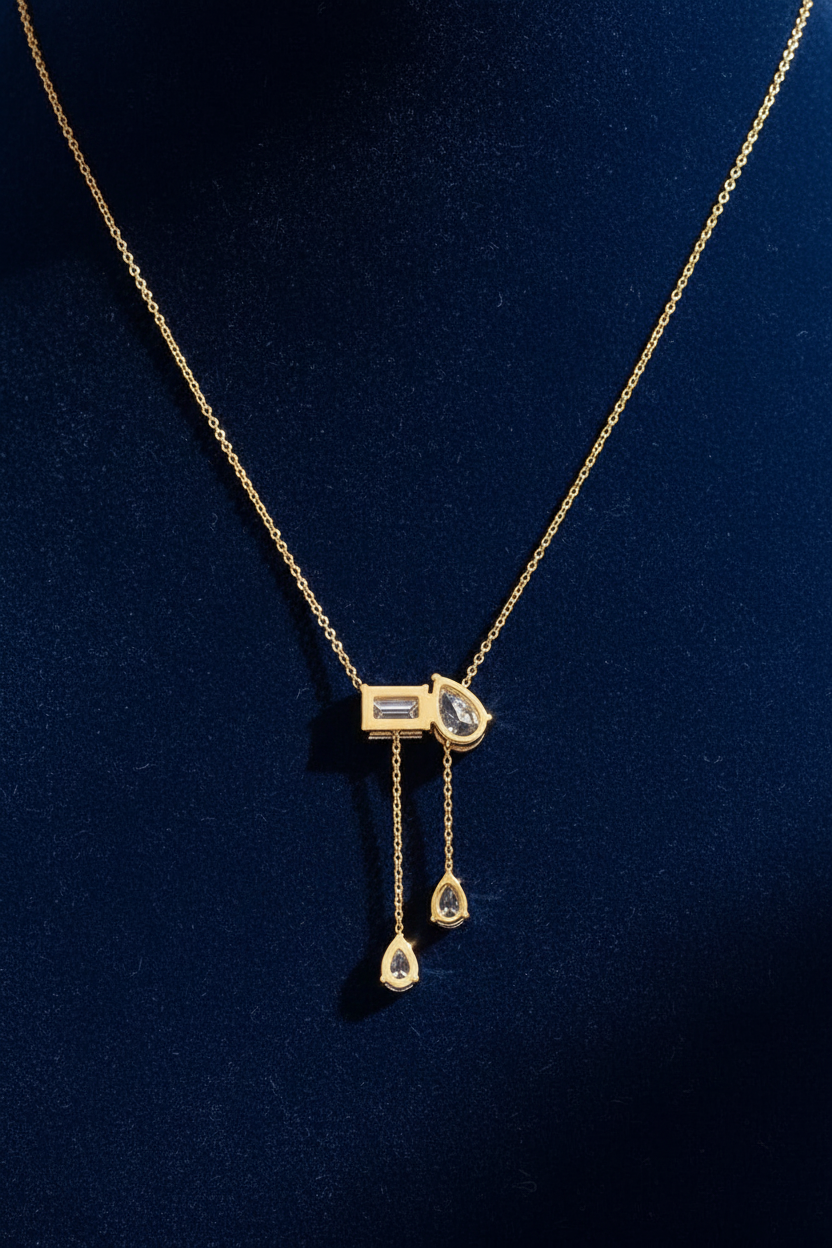 Celestial Drop Diamond Necklace | Oval, Emerald-Cut & Pear Diamond Pendant in 18K Yellow Gold