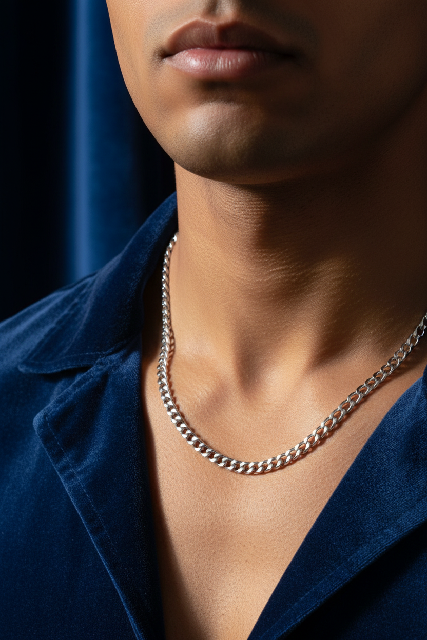 Chain on man's neck blue velvet