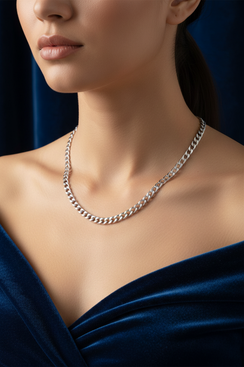 Chain on woman's neck blue velvet