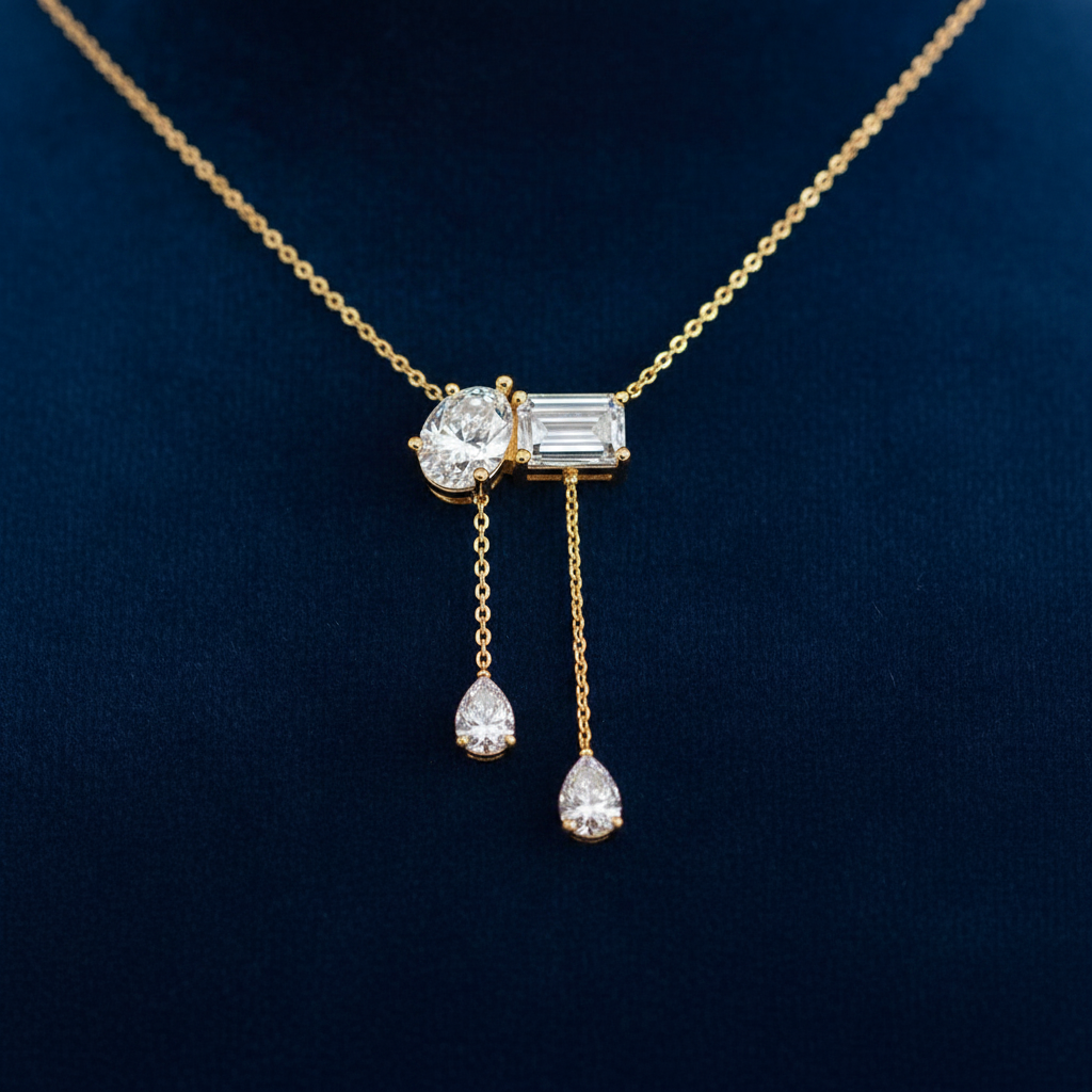 Celestial Drop Diamond Necklace | Oval, Emerald-Cut & Pear Diamond Pendant in 18K Yellow Gold