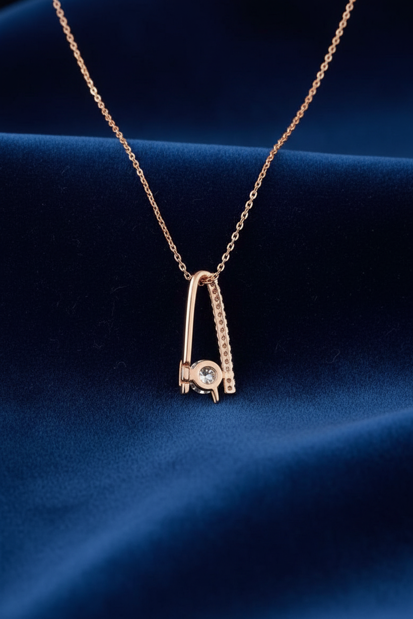 Diamond Safety Pin Pendant - Back View on Blue Velvet