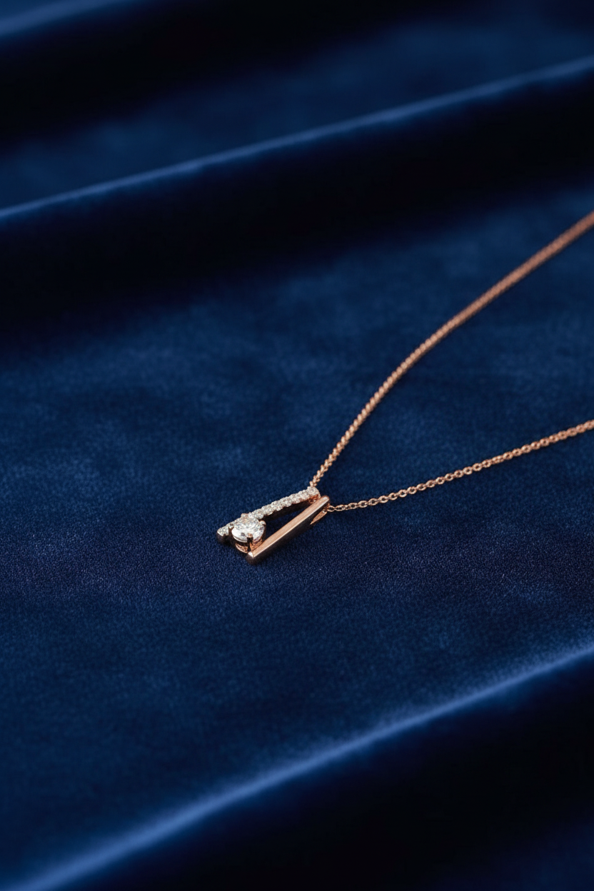 Diamond Safety Pin Pendant - Side View on Blue Velvet