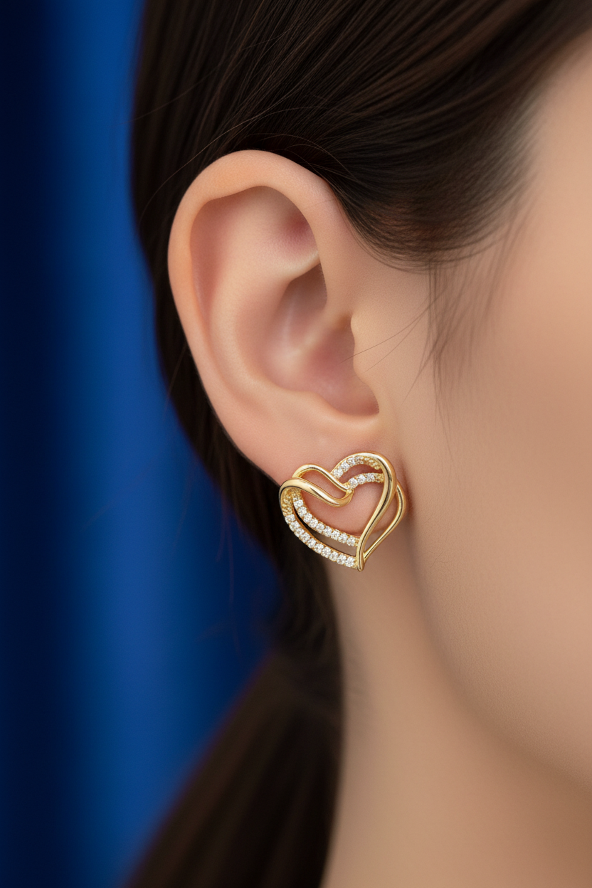 Double Heart Earrings Worn on Ear