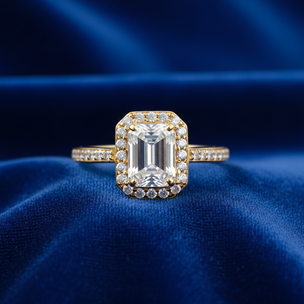 Emerald-Cut Halo Ring - Front on Blue Velvet