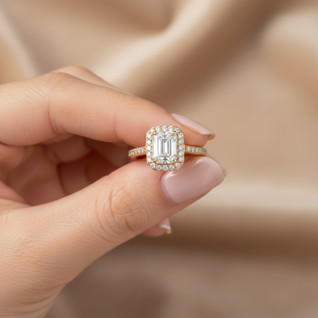 Emerald-Cut Halo Ring - Held Top View