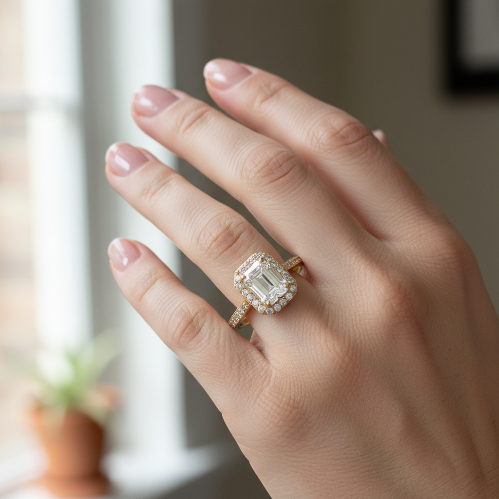 Emerald-Cut Halo Ring - Hyper Realistic Worn Shot
