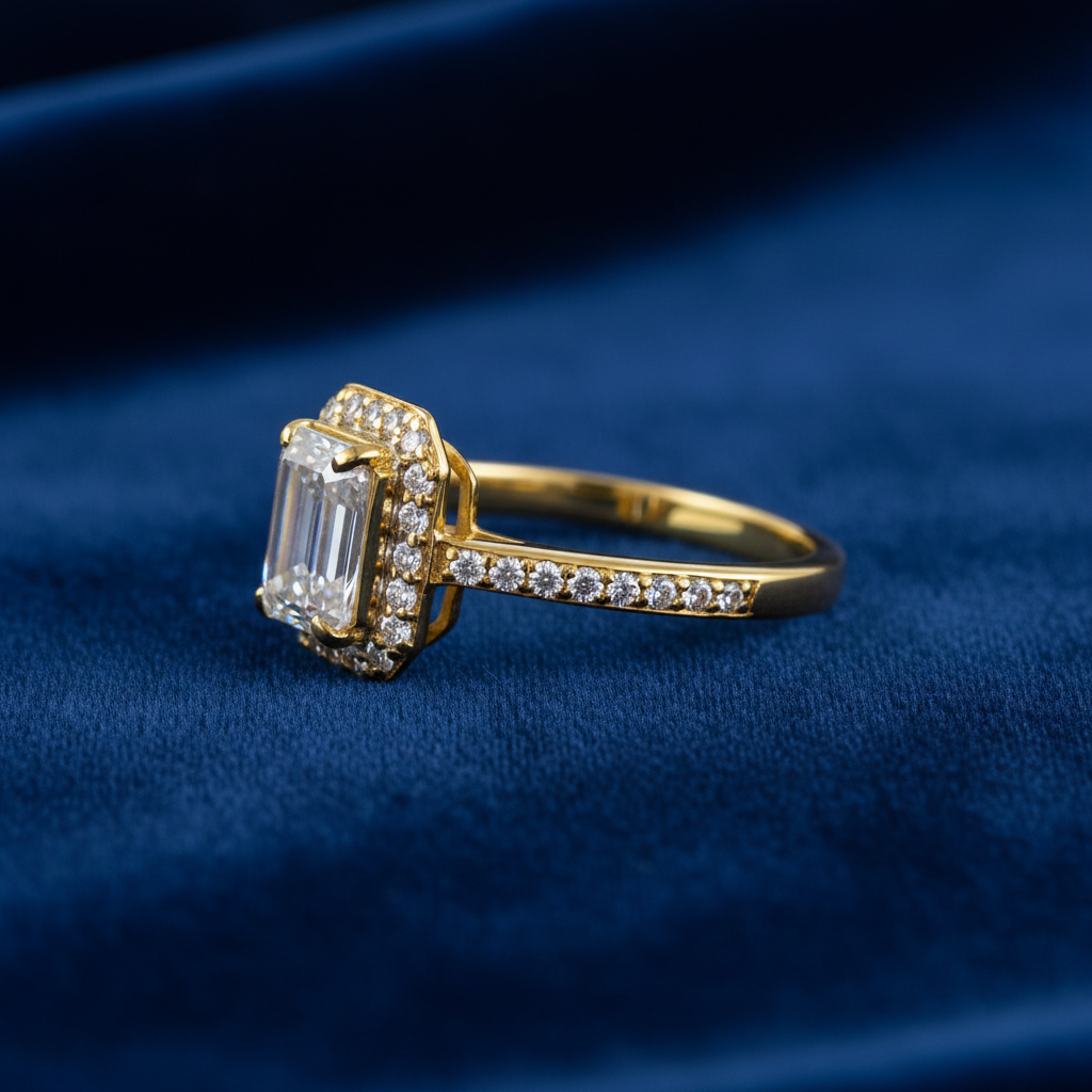 Emerald-Cut Halo Ring - Left Side on Blue Velvet