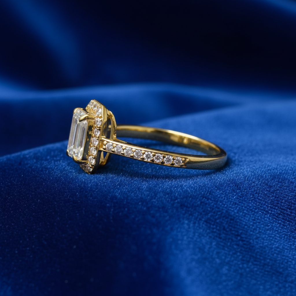 Emerald-Cut Halo Ring - Right Side on Blue Velvet