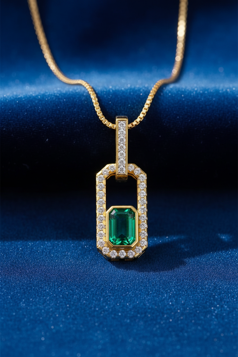Emerald Diamond Pendant - Front View on Blue Velvet