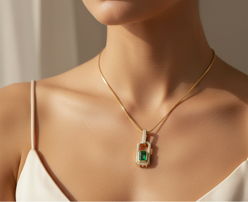 Emerald Diamond Pendant - Lifestyle on Neck