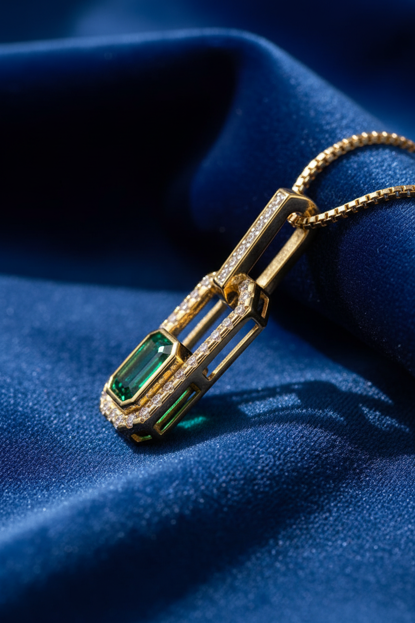 Emerald Diamond Pendant - Side View on Blue Velvet