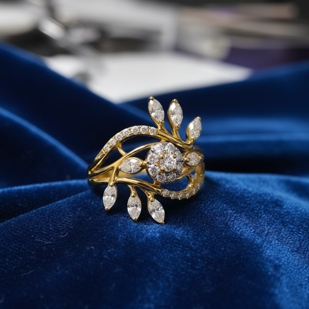 Floral Diamond Ring - Left Side on Blue Velvet