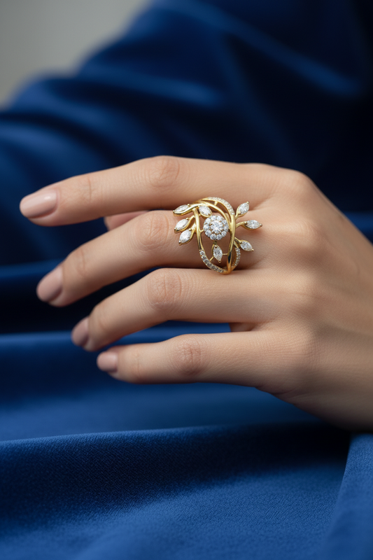 Floral Diamond Vine Ring – Elegant Nature-Inspired Gold Statement Ring