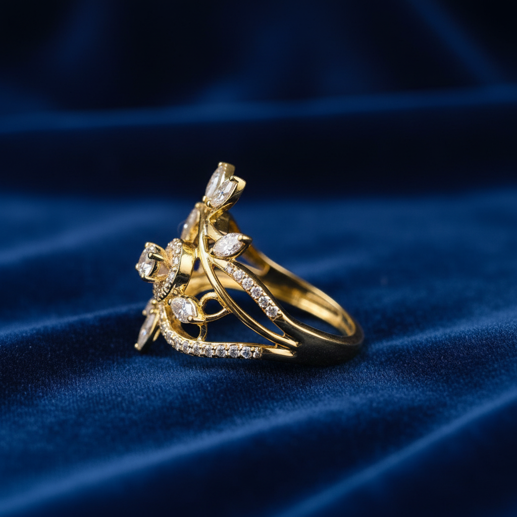 Floral Diamond Ring - Right Side on Blue Velvet