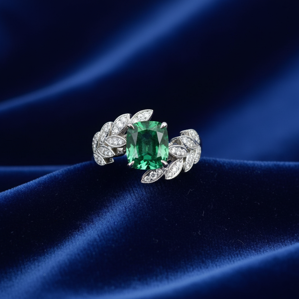 4.00 Carat Emerald Cushion-Cut Leaf Ring in White Gold