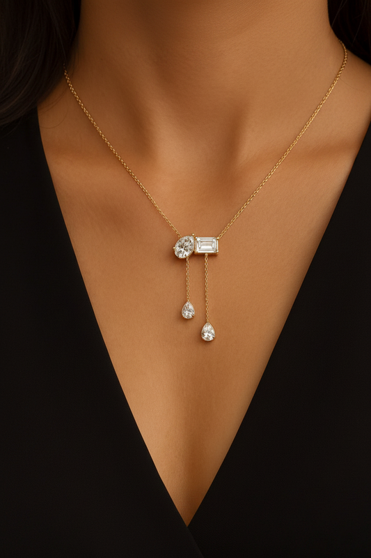 Celestial Drop Diamond Necklace | Oval, Emerald-Cut & Pear Diamond Pendant in 18K Yellow Gold