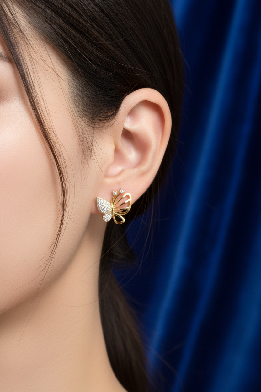 Gold Butterfly Earrings Worn on Ear