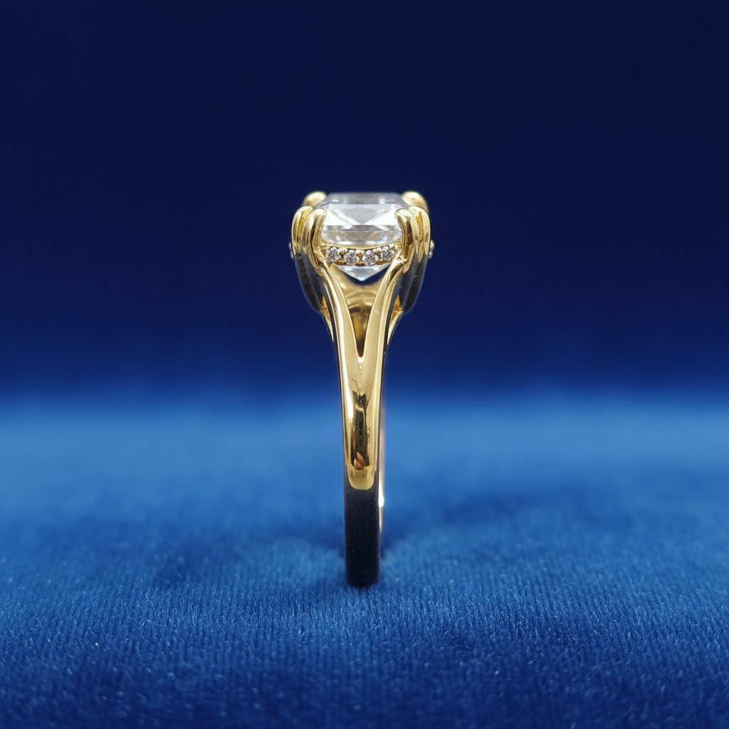 Gold Ring - Standing Side on Blue Velvet