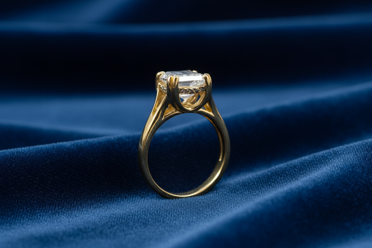 Gold Solitaire Ring on Blue Velvet