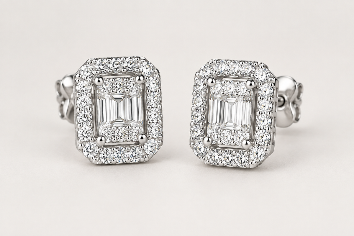 Halo earring pair three-quarter view