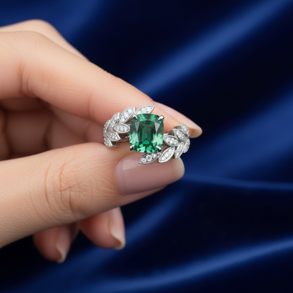 4.00 Carat Emerald Cushion-Cut Leaf Ring in White Gold