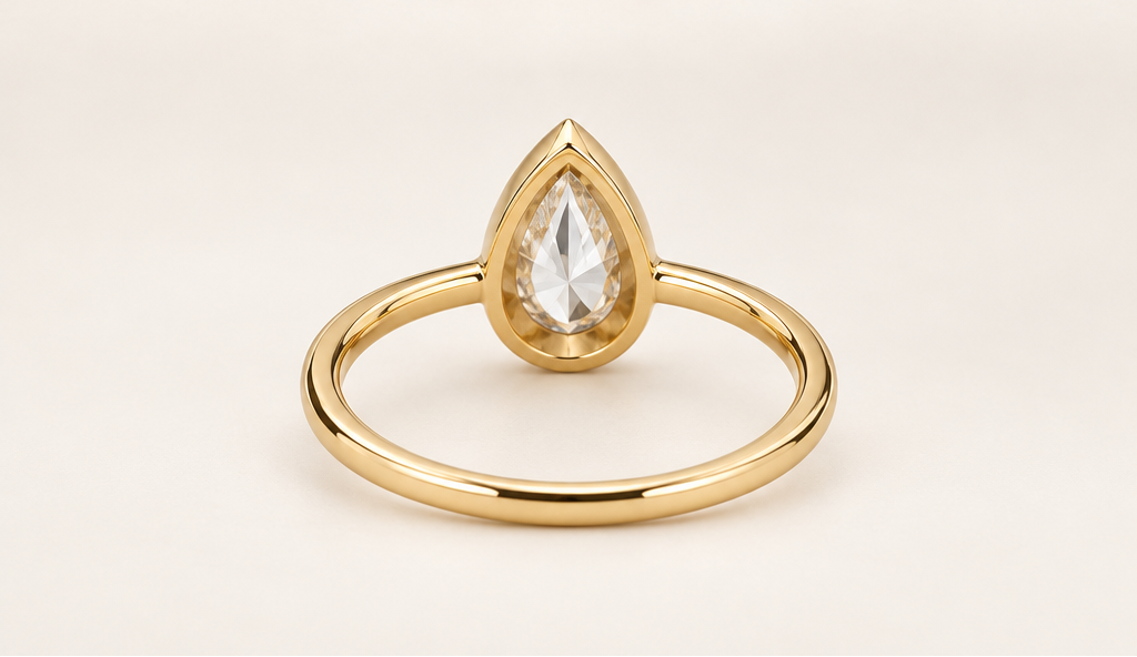 Pear bezel solitaire ring back and underside