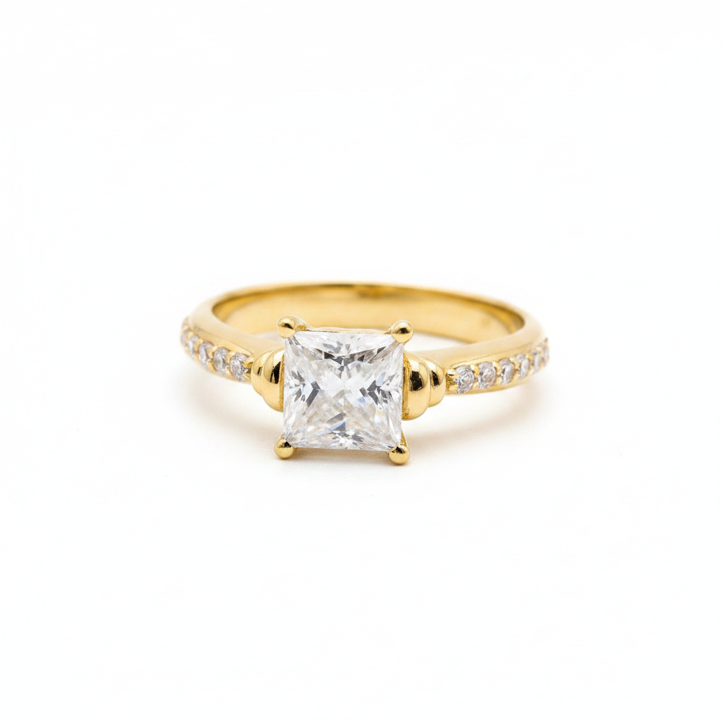 Princess Cut Solitaire Engagement Ring, 1.ooct Diamond, Pavé Band, Gold Bridal Ring
