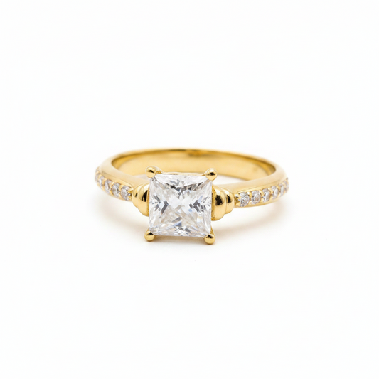 Princess Cut Solitaire Engagement Ring, 1.ooct Diamond, Pavé Band, Gold Bridal Ring