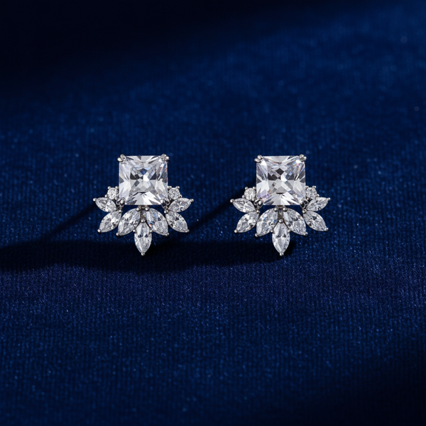 Princess CZ Fan Cluster Earrings Front View