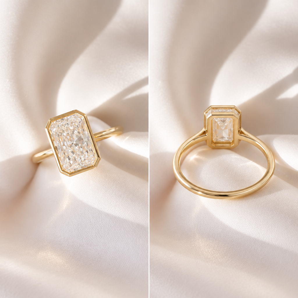 Radiant-cut diamond ring back and underside view