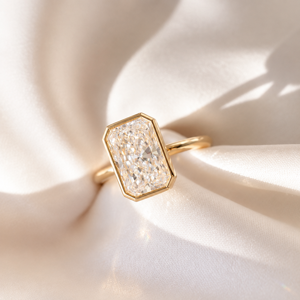 Radiant-cut diamond ring three-quarter view