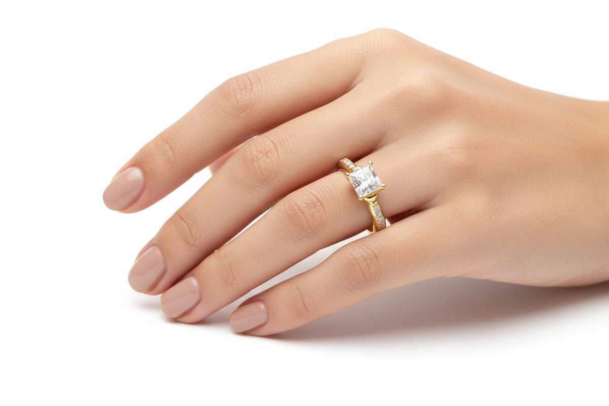 Princess Cut Solitaire Engagement Ring, 1.ooct Diamond, Pavé Band, Gold Bridal Ring