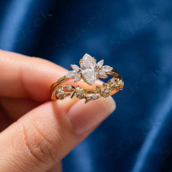 Floral Moissanite Engagement Ring Set in Yellow Gold