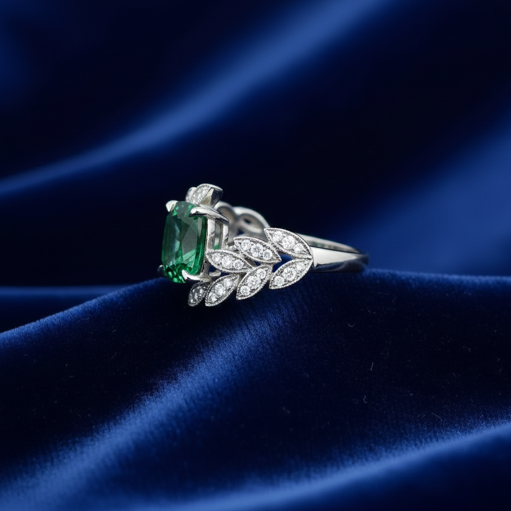 4.00 Carat Emerald Cushion-Cut Leaf Ring in White Gold