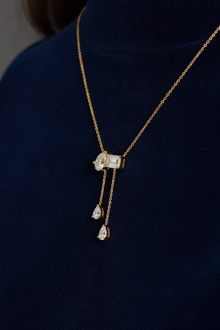 Celestial Drop Diamond Necklace | Oval, Emerald-Cut & Pear Diamond Pendant in 18K Yellow Gold