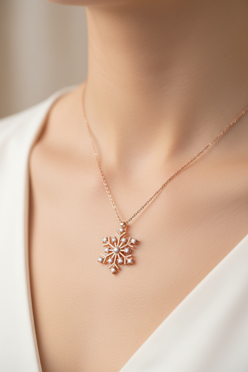 Snowflake Necklace on Neck - Front