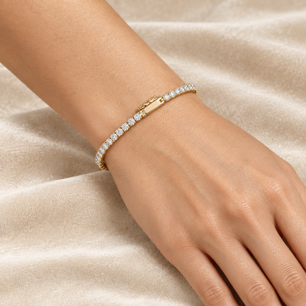 Tennis bracelet worn on a wrist