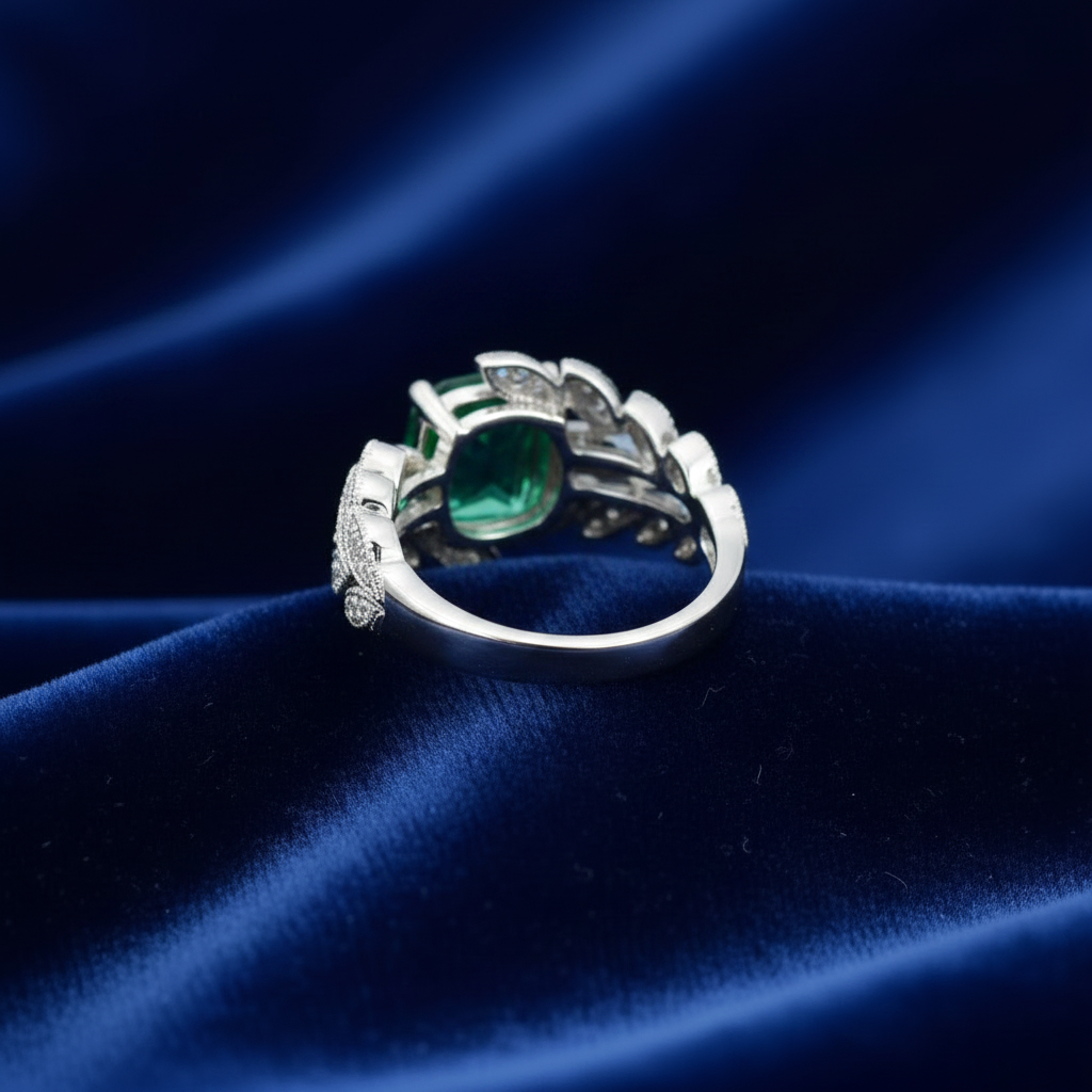 4.00 Carat Emerald Cushion-Cut Leaf Ring in White Gold