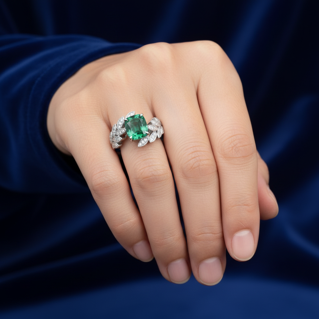 4.00 Carat Emerald Cushion-Cut Leaf Ring in White Gold