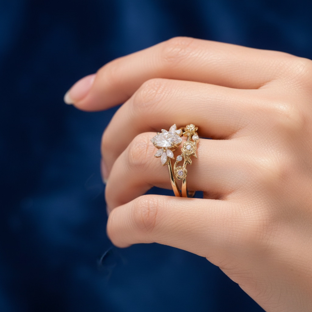 Floral Moissanite Engagement Ring Set in Yellow Gold