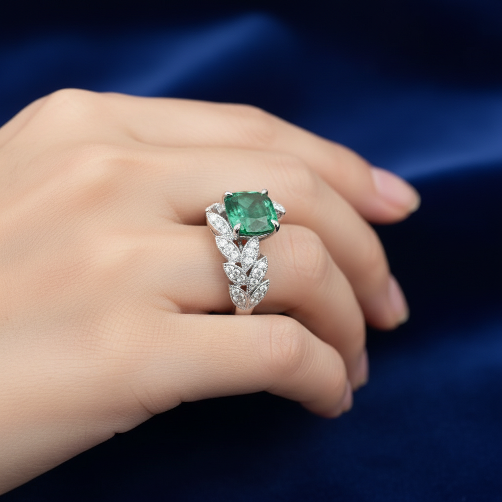 4.00 Carat Emerald Cushion-Cut Leaf Ring in White Gold
